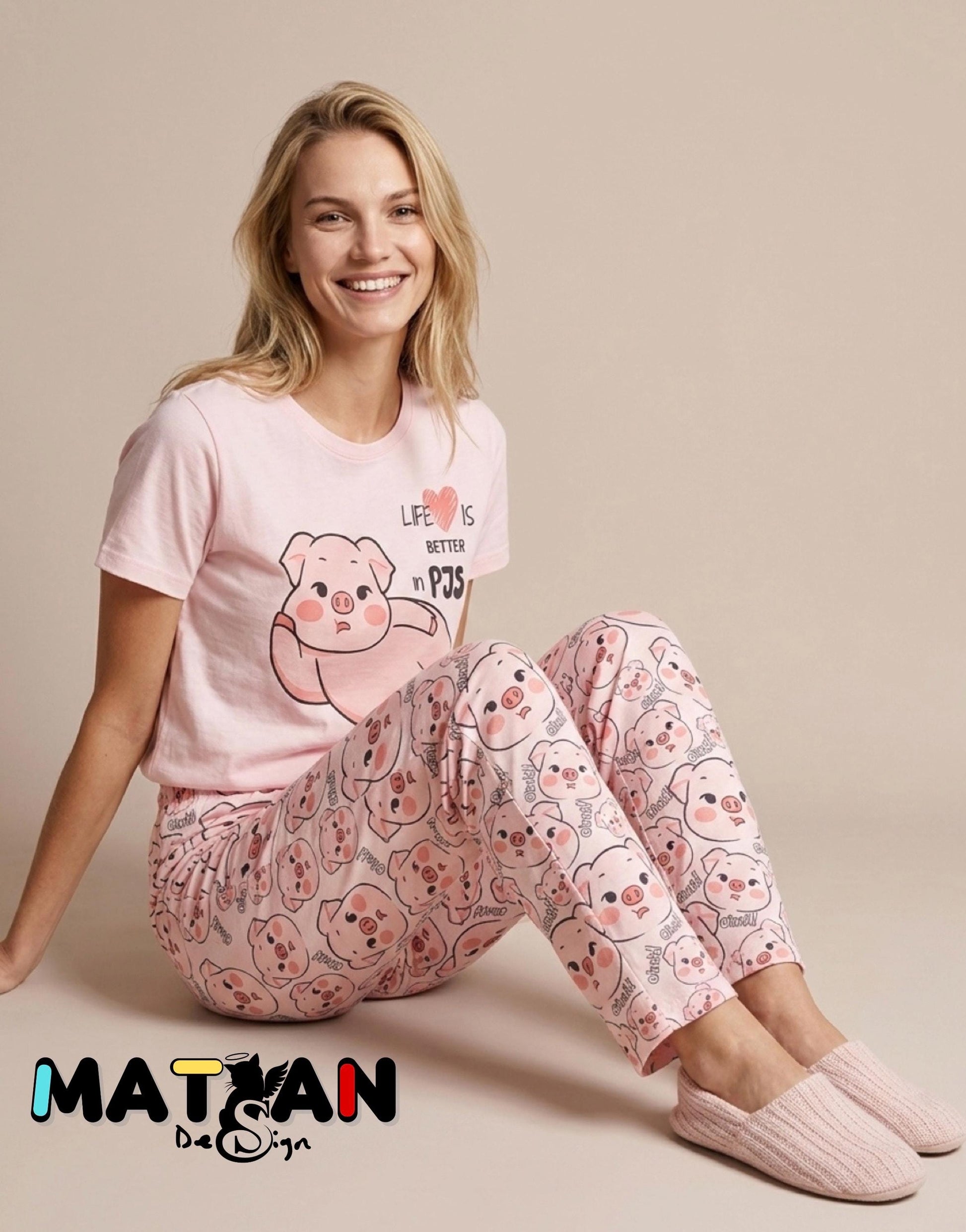 Pink Pig Pajama Set | “Life Is Better in PJs” | Cute Oink Sleepwear for Women | Soft & Cozy Gift for Her
