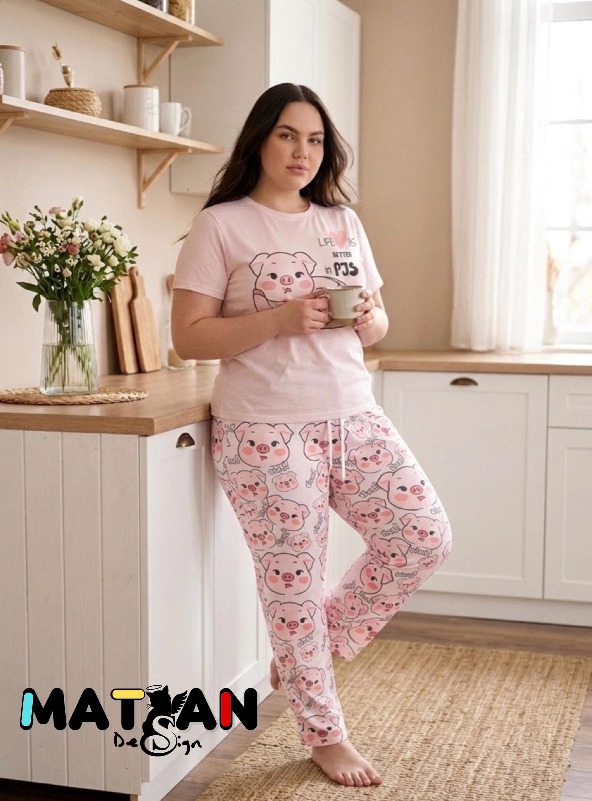 Pink Pig Pajama Set | “Life Is Better in PJs” | Cute Oink Sleepwear for Women | Soft & Cozy Gift for Her