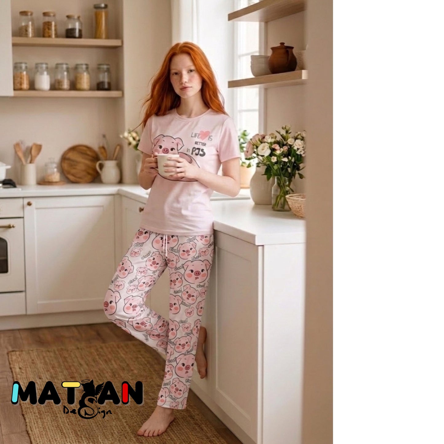 Pink Pig Pajama Set | “Life Is Better in PJs” | Cute Oink Sleepwear for Women | Soft & Cozy Gift for Her