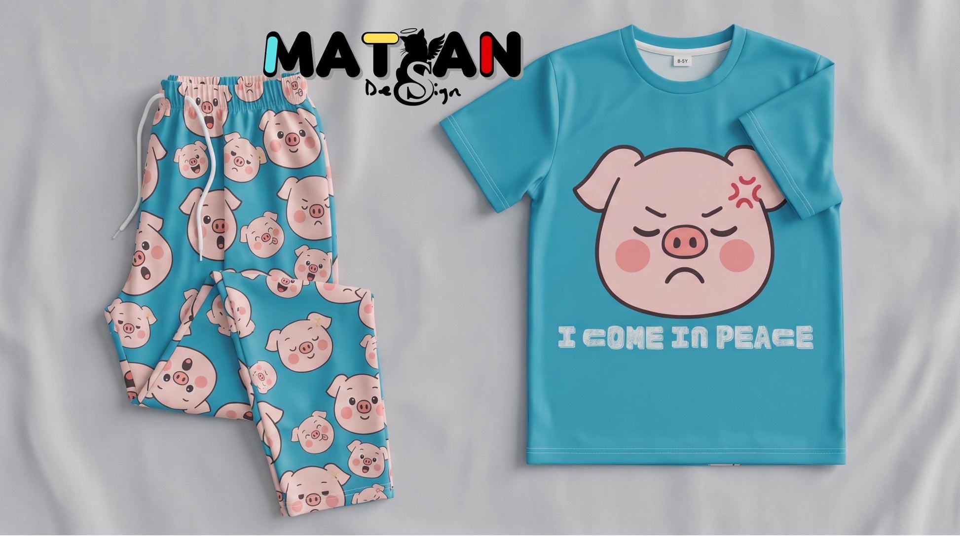 Piggy Blue Turquoise Loungewear Unisex ‑2 Pieces set Youth Outfit Soft Matching Top-Bottoms Gift