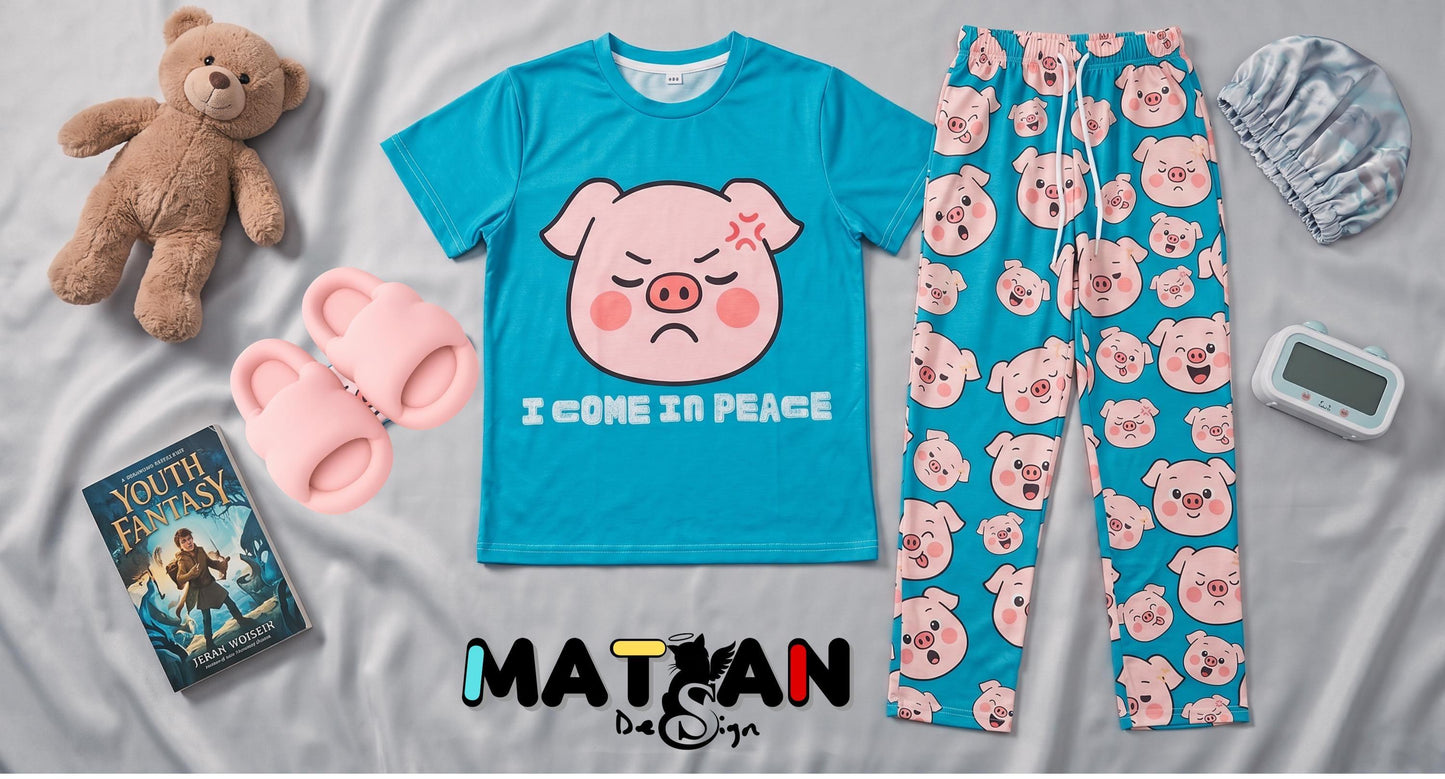 Piggy Blue Turquoise Loungewear Unisex ‑2 Pieces set Youth Outfit Soft Matching Top-Bottoms Gift