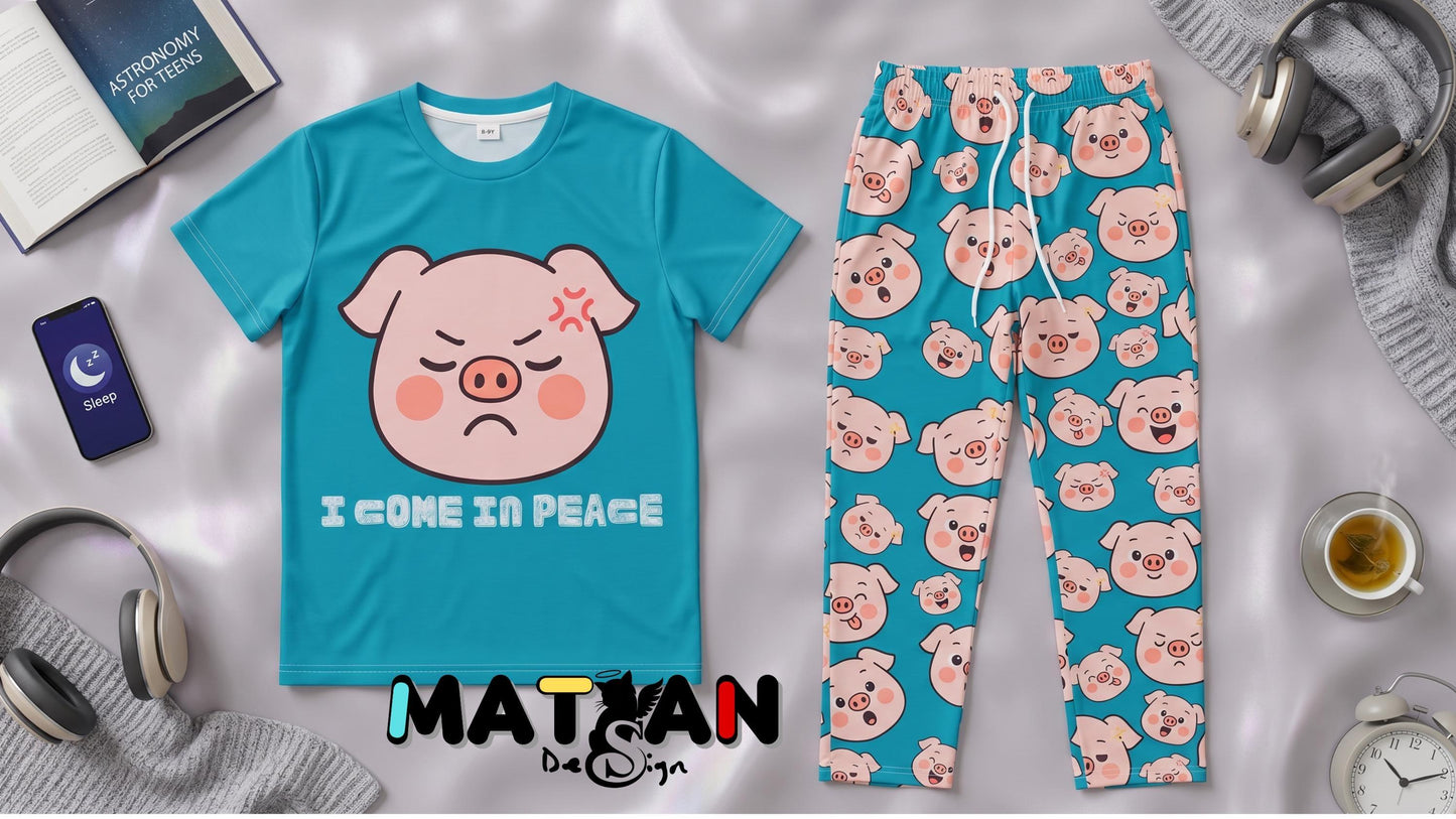 Piggy Blue Turquoise Loungewear Unisex ‑2 Pieces set Youth Outfit Soft Matching Top-Bottoms Gift