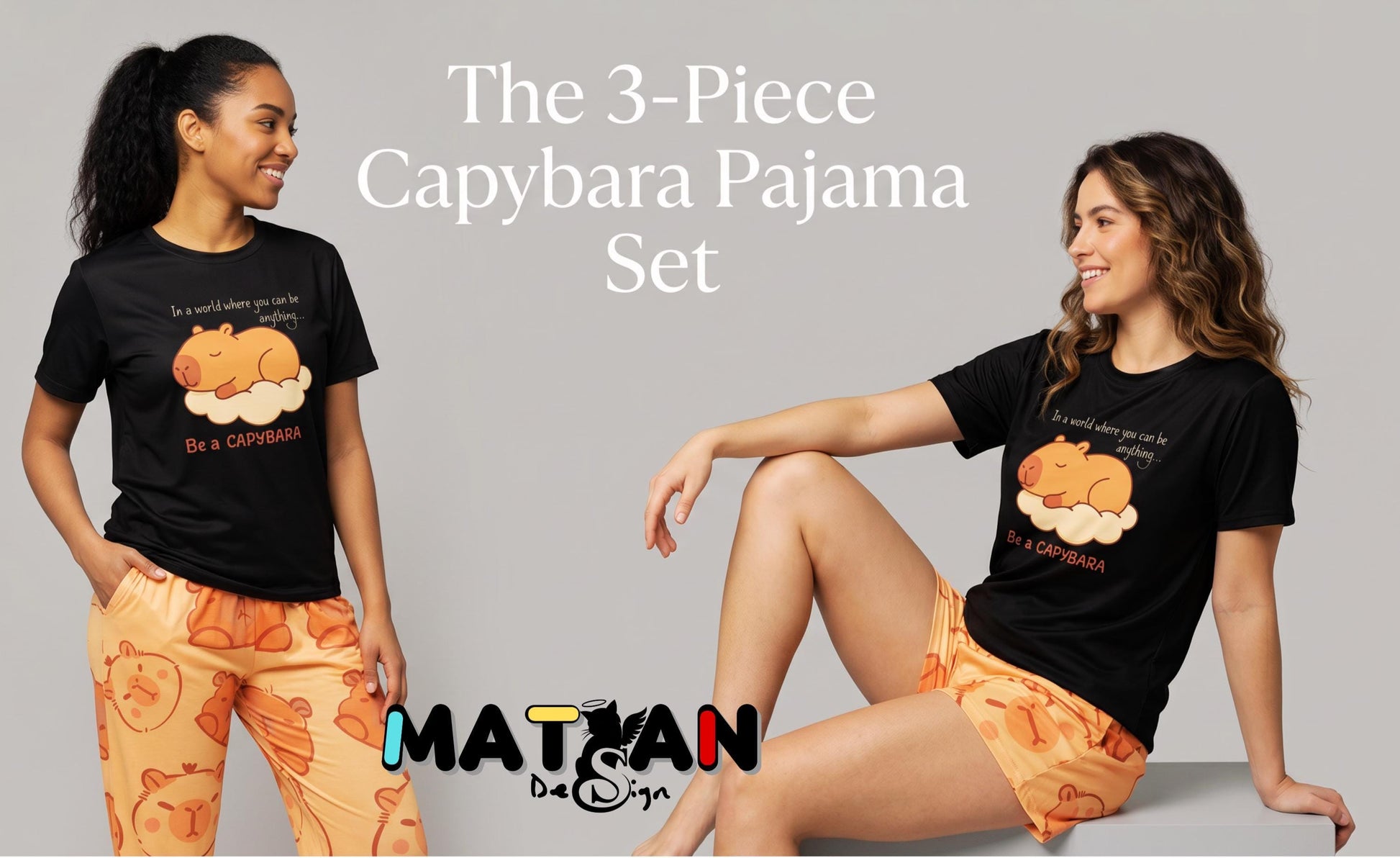 Capybara Pajama Set – Cozy 3‑Piece Soft Sleepwear | Cute Women’s Pajamas | Unisex Loungewear | Gift for Her