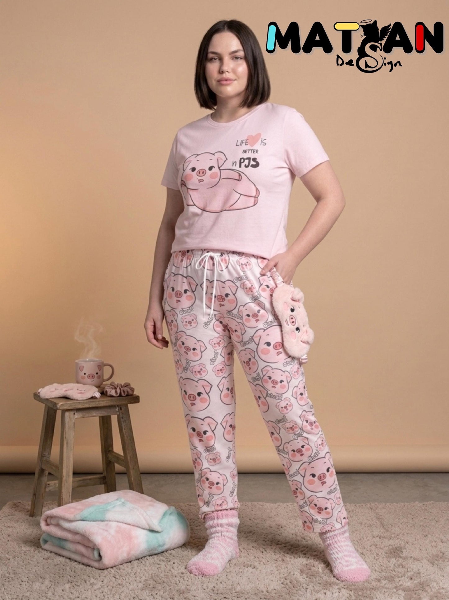 Pink Pig Pajama Set | “Life Is Better in PJs” | Cute Oink Sleepwear for Women | Soft & Cozy Gift for Her