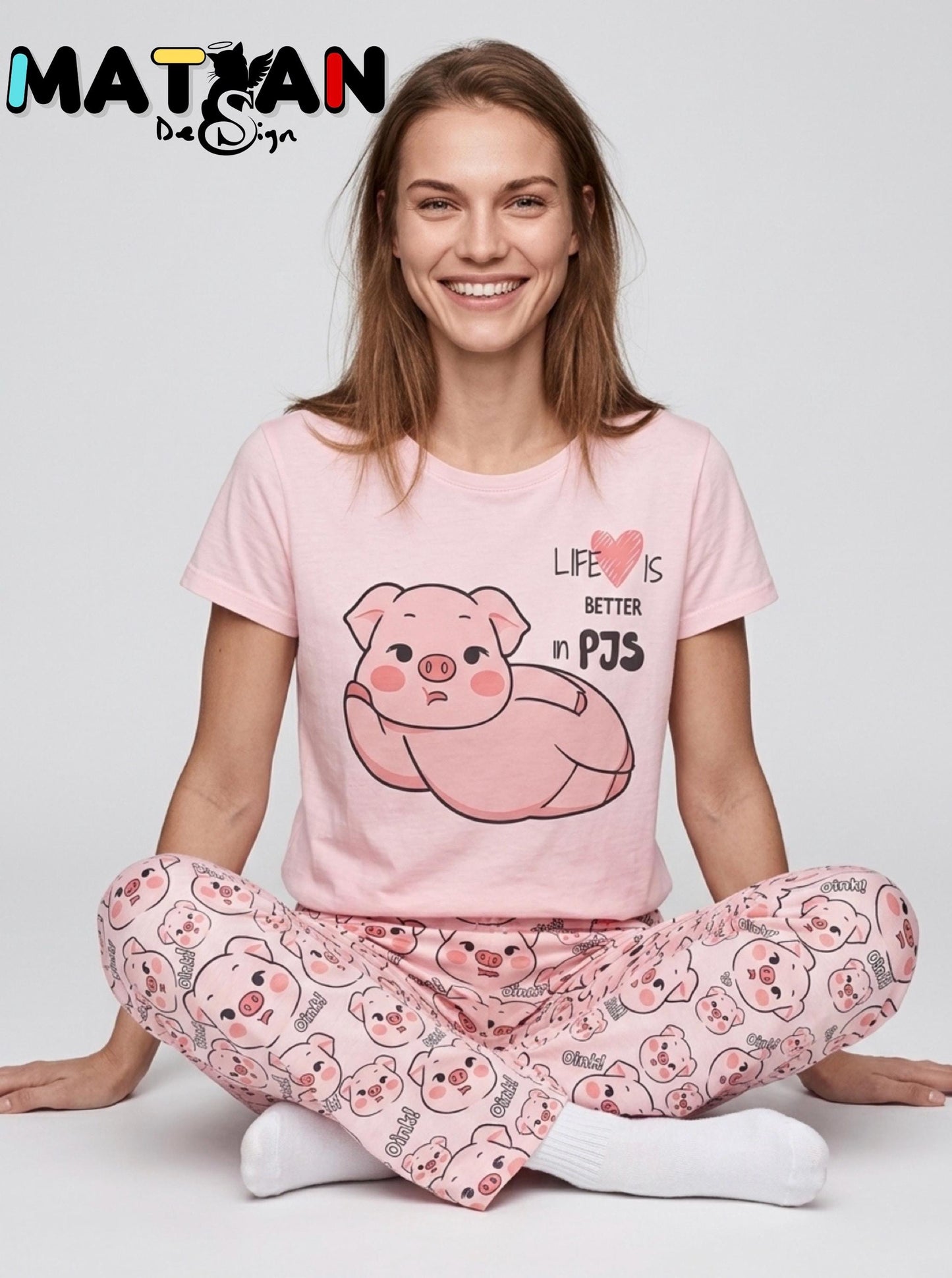 Pink Pig Pajama Set | “Life Is Better in PJs” | Cute Oink Sleepwear for Women | Soft & Cozy Gift for Her