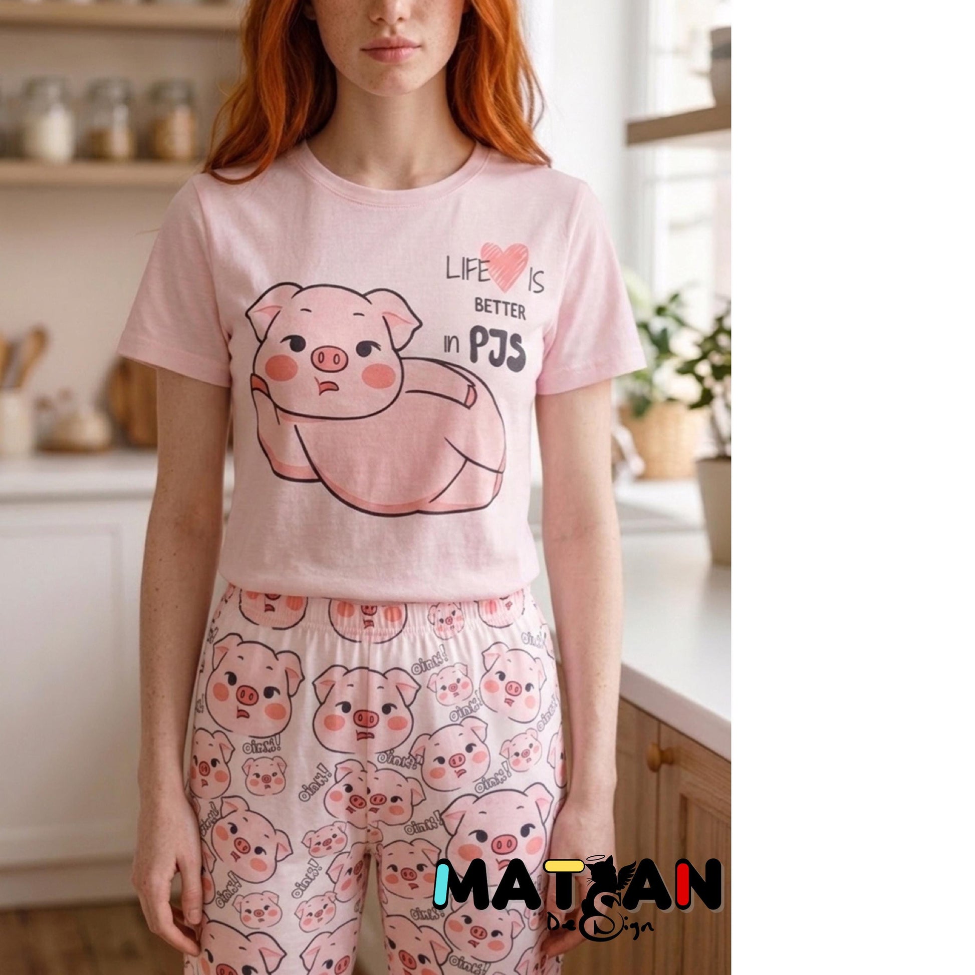 Pink Pig Pajama Set | “Life Is Better in PJs” | Cute Oink Sleepwear for Women | Soft & Cozy Gift for Her
