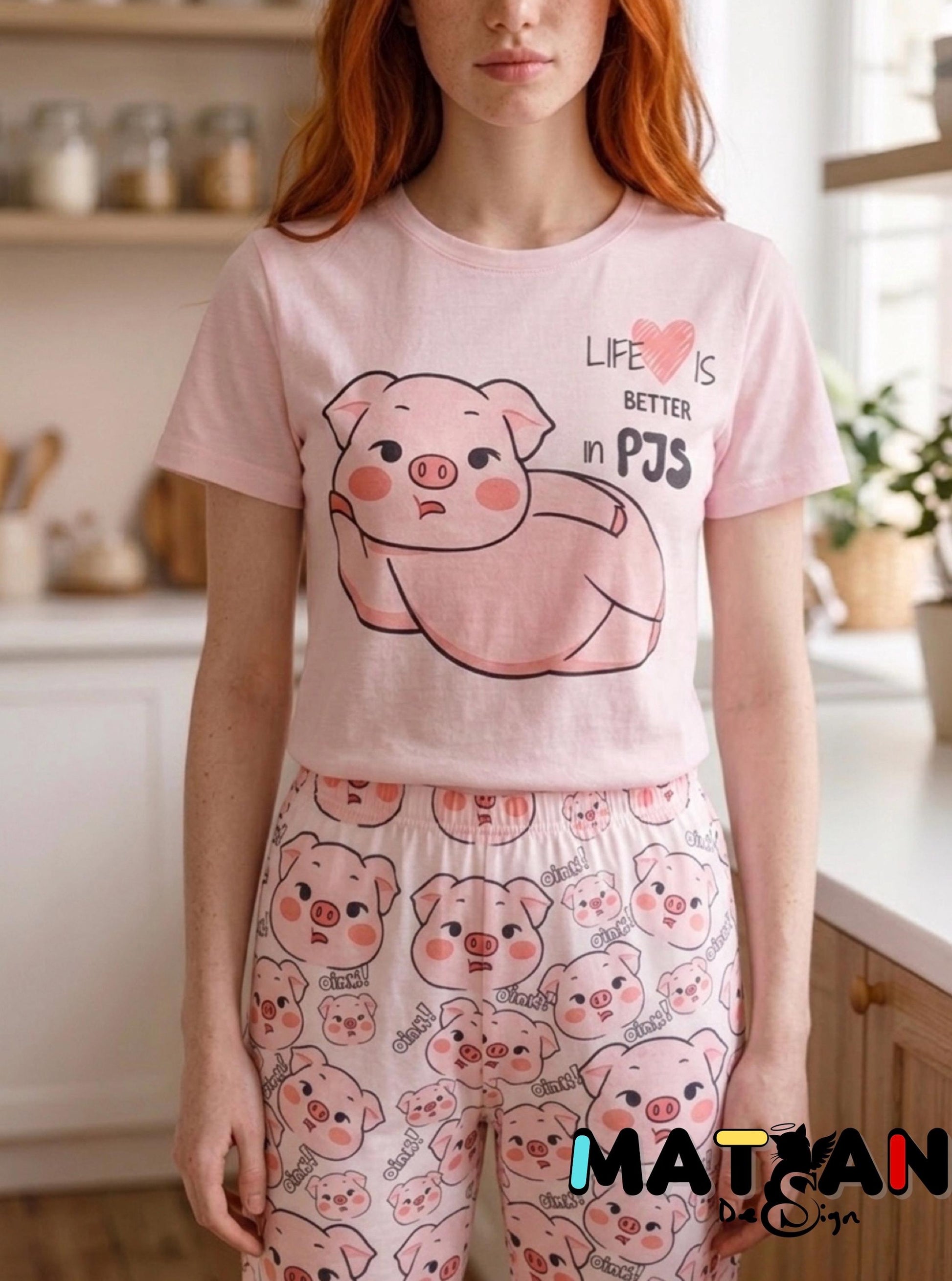 Pink Pig Pajama Set | “Life Is Better in PJs” | Cute Oink Sleepwear for Women | Soft & Cozy Gift for Her