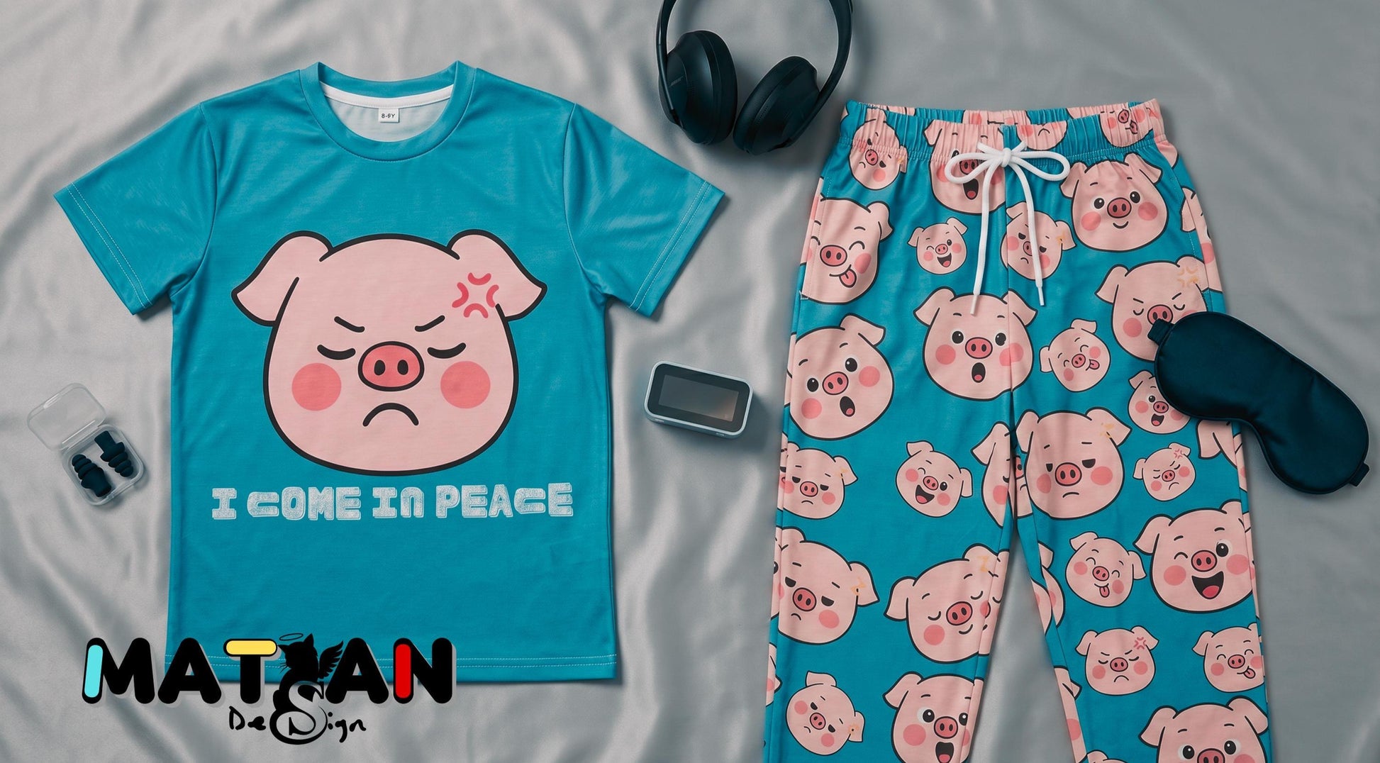 Piggy Blue Turquoise Loungewear Unisex ‑2 Pieces set Youth Outfit Soft Matching Top-Bottoms Gift